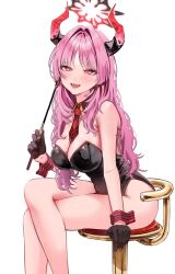 Rule 34 | 1girl, black gloves, black leotard, blue archive, breasts, crossed legs, demon girl, demon horns, detached collar, fangs, gloves, hair intakes, halo, highres, holding, holding stick, horns, large breasts, leotard, long hair, looking at viewer, on chair, open mouth, pink eyes, pink hair, red halo, red horns, red wrist cuffs, satsuki (blue archive), simple background, sitting, smile, solo, stick, strapless, strapless leotard, striped clothes, striped wrist cuffs, takio (kani sama), teeth, thighs, wavy hair, white background, wrist cuffs