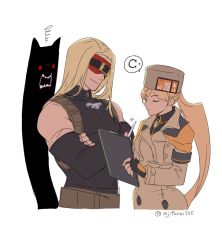 Rule 34 | 1boy, 1girl, asaya minoru, bare shoulders, black bodysuit, black gloves, black shirt, blindfold, blonde hair, bodysuit, brown coat, brown headwear, clipboard, closed mouth, coat, collared shirt, cropped torso, crossed arms, dress shirt, eddie (guilty gear), closed eyes, fingerless gloves, fur hat, gloves, guilty gear, guilty gear xrd, hat, holding, holding pen, long hair, long sleeves, millia rage, open mouth, pen, red eyes, shirt, simple background, smile, speech bubble, squiggle, twitter username, upper body, very long hair, white background, zato-1