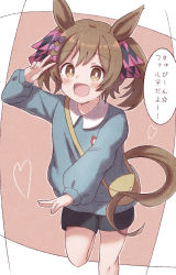 Rule 34 | 1girl, :d, animal ears, arm up, bag, black shorts, blue shirt, blush, bow, brown background, brown eyes, brown hair, collared shirt, commentary request, feet out of frame, hair bow, heart, highres, horse ears, horse girl, horse tail, kindergarten bag, kindergarten uniform, long sleeves, open mouth, pink bow, puffy long sleeves, puffy sleeves, purple bow, shirt, short shorts, shorts, shoulder bag, smart falcon (umamusume), smile, solo, standing, standing on one leg, sunanuko (ramuneko), tail, translation request, twintails, two-tone background, umamusume, v, white background