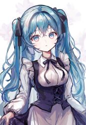 Rule 34 | 1girl, absurdres, alternate costume, apron, aqua eyes, aqua hair, black ribbon, black skirt, bodice, breasts, crossed bangs, double-parted bangs, framed breasts, hair between eyes, hair ribbon, hashtag-only commentary, hatsune miku, highres, light blush, long hair, long skirt, looking at viewer, parted lips, pipi, ribbed shirt, ribbon, shirt, skirt, skirt hold, small breasts, solo, underbust, upper body, very long hair, vocaloid, waist apron, white apron, white shirt