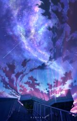 Rule 34 | absurdres, aeuna, artist name, cloud, commentary, english commentary, handrail, highres, meteor shower, milky way, night, no ai logo, no humans, original, outdoors, scenery, sky, stairs, star (sky), starry sky, tree