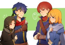 Rule 34 | 4boys, bad id, bad twitter id, bandaged arm, bandages, black hair, blonde hair, blue eyes, cape, fire emblem, fire emblem: path of radiance, fire emblem: radiant dawn, fire emblem: the blazing blade, green background, head on another&#039;s shoulder, headband, highres, ike (fire emblem), long hair, lucius (fire emblem), male focus, multiple boys, nintendo, open mouth, raven (fire emblem), red eyes, red hair, short hair, simple background, smile, soren (fire emblem)
