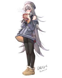 Rule 34 | 1girl, :o, absurdres, arknights, bare shoulders, beret, black pantyhose, black shirt, blush, breasts, brown footwear, commentary request, cup, dated, full body, gaoling gangqin, grey hair, grey hat, grey jacket, hat, highres, holding, holding cup, jacket, long hair, long sleeves, looking at viewer, medium breasts, mug, mulberry (arknights), off shoulder, open clothes, open jacket, pantyhose, parted lips, purple eyes, shirt, simple background, sleeveless, sleeveless shirt, solo, standing, steam, very long hair, white background, wide sleeves