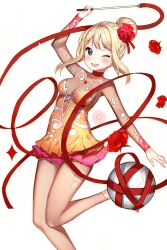 Rule 34 | 1girl, ;d, blonde hair, blue eyes, breasts, cleavage, dr poapo, fishnets, flower, gymnastics, hair bun, highres, lemy, medium breasts, one eye closed, open mouth, pink skirt, red ribbon, rhythmic gymnastics, ribbon, rose, single hair bun, skirt, smile, soccer spirits, solo, standing, standing on one leg, transparent background