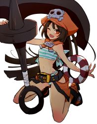 Rule 34 | 1girl, ;d, anchor, belt, bikini, brown eyes, brown hair, guilty gear, guilty gear xrd, hat, kneeling, lifebuoy, long hair, may (guilty gear), navel, one eye closed, open mouth, orange hat, oro (sumakaita), pirate hat, red eyes, simple background, smile, solo, striped bikini, striped clothes, swim ring, swimsuit