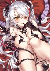 Rule 34 | 1girl, antenna hair, areola slip, azur lane, bare shoulders, between breasts, black gloves, blush, bow, breasts, brown eyes, chain, choker, cleavage, collarbone, cross, demon girl, demon tail, fang, finger to mouth, gloves, hair between eyes, hair bow, halloween costume, highres, holding, horns, iron cross, ks (xephyrks), large breasts, long hair, looking at viewer, lying, mole, mole on breast, multicolored hair, on back, one eye closed, pillow, pointy ears, prinz eugen (azur lane), red hair, revealing clothes, silver hair, skin fang, skindentation, smile, solo, streaked hair, sweat, tail, tail censor, thighs, two side up, very long hair, wet, wings
