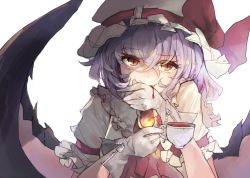 Rule 34 | 1girl, ascot, bad id, bad pixiv id, bat wings, biting hand, blood, brooch, commentary request, cup, eyelashes, fang, gloves, hair between eyes, hat, hat ribbon, holding, holding cup, jewelry, looking at viewer, mob cap, puffy short sleeves, puffy sleeves, purple hair, red eyes, red ribbon, remilia scarlet, ribbon, shirt, short sleeves, simple background, smile, solo, teacup, touhou, upper body, white background, white gloves, white hat, white shirt, wings, zairen