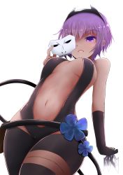 Rule 34 | &gt;:o, 1girl, :o, arano oki, bare shoulders, black gloves, black thighhighs, breasts, cowboy shot, dark-skinned female, dark skin, fate/prototype, fate/prototype: fragments of blue and silver, fate (series), flower, from below, gloves, hairband, hassan of serenity (fate), looking at viewer, looking down, mask, unworn mask, medium breasts, navel, open mouth, purple eyes, purple hair, revealing clothes, short hair, solo, stomach, thighhighs, v-shaped eyebrows
