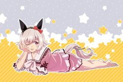 Rule 34 | 1girl, animal ears, barefoot, bow, closed mouth, curren chan (umamusume), ear bow, elbow rest, frilled shirt collar, frills, full body, gaman, grey hair, hairband, horse ears, horse girl, horse tail, lying, on stomach, one eye closed, outline, pajamas, pink shirt, pink shorts, purple eyes, sailor collar, shirt, short hair, short sleeves, shorts, sign, solo, star (symbol), tail, tongue, tongue out, umamusume, white outline