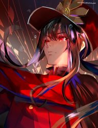Rule 34 | 1boy, artist name, astarone, black cape, black hair, cape, closed mouth, dated, fate/grand order, fate (series), hat, long hair, male focus, military, military hat, military uniform, oda nobukatsu (fate), ponytail, red eyes, sidelocks, solo, uniform, upper body