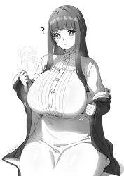 Rule 34 | 2girls, ?, breasts, commentary, curvy, dress, fern (sousou no frieren), frieren, greyscale, highres, huge breasts, jacket, large breasts, long hair, long sleeves, looking at viewer, monochrome, multiple girls, sitting, sousou no frieren, symbol-only commentary, wide hips, xiangzi box