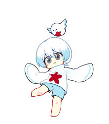 Rule 34 | 1boy, :3, barefoot, blue hair, blue shorts, chinese commentary, closed mouth, commentary request, grey eyes, light blue hair, lobotomy corporation, multicolored hair, no nose, personification, project moon, punishing bird, shirt, short hair, shorts, simple background, sleeves past fingers, sleeves past wrists, v-shaped eyebrows, white background, white hair, white shirt, zhi (chengdizhe)