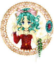 Rule 34 | 1990s (style), 1girl, blue eyes, choker, detached sleeves, earrings, female focus, final fantasy, final fantasy vi, green hair, jewelry, long hair, mst (pixiv643481), necklace, plant, ponytail, ribbon, solo, tina branford, white background