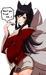 Rule 34 | 1girl, ahoge, ahri (league of legends), animal ears, bad id, bad pixiv id, bare shoulders, black hair, blush, breasts, cleavage, english text, fox ears, fox tail, korean clothes, kuro-mu, league of legends, long hair, looking at viewer, low neckline, multiple tails, open mouth, simple background, solo, speech bubble, standing, tail, tongue, upper body, white background, wide sleeves, yellow eyes