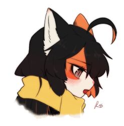 Rule 34 | 1girl, ahoge, animal ears, bad id, black hair, blush, cat ears, cat girl, fang, female focus, from side, grey eyes, hair over one eye, inactive account, looking down, multicolored hair, open mouth, orange hair, original, portrait, profile, ressue (gomgom), scarf, signature, simple background, solo, white background, yellow scarf