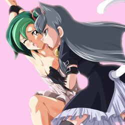 Rule 34 | 2girls, animal ears, arms up, ashi ura, bdsm, blush, bondage, bound, brown eyes, cathy (yu-gi-oh!), clothes pull, dress, dress pull, green eyes, green hair, grey hair, licking, licking another&#039;s neck, looking at another, mizuki kotori (yu-gi-oh!), multiple girls, open mouth, saliva, simple background, spread legs, standing, sweat, tail, undressing, wince, yu-gi-oh!, yuri, yuu-gi-ou, yuu-gi-ou zexal