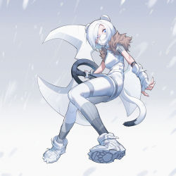 Rule 34 | 1girl, animal ears, arknights, blue eyes, boots, commentary, fingerless gloves, fuuma shuriken, gloves, grey background, highres, mask, mouth mask, nian (zhanian), official alternate costume, pantyhose, paw print shoes, shirayuki (arknights), shirayuki (wind of breaking blade) (arknights), short hair, shuriken, silver hair, smile, solo, stoat girl, tail, weasel ears, weasel tail, white footwear, white gloves, white pantyhose