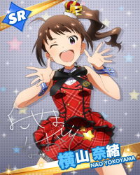 Rule 34 | 10s, 1girl, ;d, ahoge, brown hair, character name, character signature, cuff links, dress, hat, idolmaster, idolmaster million live!, looking at viewer, official art, one eye closed, open mouth, plaid, plaid dress, prologue rouge (idolmaster), purple eyes, ribbon, side ponytail, signature, smile, solo, yokoyama nao