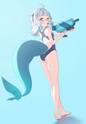 Rule 34 | 1girl, absurdres, ahoge, ass, bare legs, barefoot, blue background, blue eyes, blue hair, blue one-piece swimsuit, blunt bangs, breasts, competition swimsuit, fins, fish, fish in mouth, fish tail, from behind, gawr gura, hair ornament, highres, hololive, hololive english, looking at viewer, looking back, lucasyecla99, medium hair, multicolored hair, one-piece swimsuit, shark tail, simple background, small breasts, solo, streaked hair, swimsuit, tail, two side up, virtual youtuber, walking, water gun, white hair