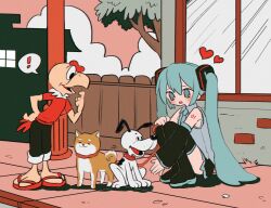 Rule 34 | !, 1boy, 1girl, black footwear, black skirt, blue eyes, blue hair, blue necktie, boots, character request, condorito, cone (condorito), day, detached sleeves, dog, flip-flops, hatsune miku, heart, highres, long hair, long sleeves, necktie, outdoors, pleated skirt, ri (qrcode), sandals, skirt, speech bubble, spoken exclamation mark, thigh boots, twintails, vocaloid