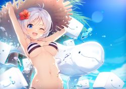 Rule 34 | .live, 1girl, :d, absurdres, ahoge, animal, antenna hair, armpits, arms up, bare arms, bare shoulders, beluga whale, bikini, black bikini, blue eyes, blue sky, breasts, breasts apart, cloud, collarbone, covered erect nipples, cube, day, flower, hair flower, hair ornament, halterneck, happy, hat, hibiscus, highres, huge filesize, lens flare, looking at viewer, medium breasts, midriff, navel, nijihashi sora, one eye closed, open mouth, outdoors, palm tree, short hair, silver hair, simple background, dennou shoujo siro, sky, smile, solo focus, stomach, straw hat, string bikini, striped bikini, striped clothes, summer, sun hat, swimsuit, tree, underboob, upper body, virtual youtuber, water drop, white bikini