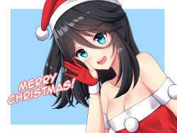 Rule 34 | 1girl, bare shoulders, black hair, blue eyes, blush, breasts, cleavage, collarbone, gloves, hair between eyes, hat, highres, large breasts, lips, long hair, looking at viewer, merry christmas, open mouth, original, partially fingerless gloves, red gloves, rynzfrancis, santa costume, santa hat, smile, solo, teeth, upper body, upper teeth only