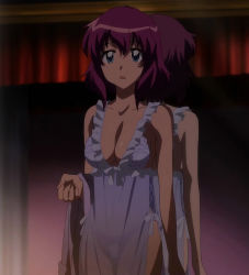 Rule 34 | 1girl, breasts, cleavage, henrietta de tristain, highres, large breasts, nightgown, purple hair, screencap, see-through, short hair, stitched, third-party edit, underwear, zero no tsukaima