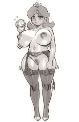 Rule 34 | 1girl, belly piercing, blush, bottomless, bouncing breasts, breast expansion, breasts, cleft of venus, clenched hand, collarbone, curvy, earrings, female focus, female pubic hair, garter belt, garter straps, high heels, highres, huge breasts, jewelry, mario (series), monochrome, mushroom, narrow waist, navel, navel piercing, nintendo, nipples, no bra, no panties, piercing, princess, princess daisy, pubic hair, pussy, robaato, simple background, solo, thick thighs, thighs, topless, uncensored, white background, wide hips