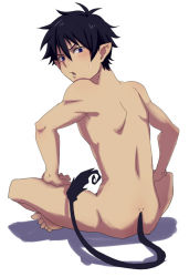 Rule 34 | 1boy, ao no exorcist, blue eyes, blush, looking at viewer, looking back, male focus, muscular, nude, okumura rin, pointy ears, solo, sweat, tagme, tail