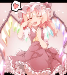 Rule 34 | 1girl, :d, ^ ^, ascot, blush, closed eyes, commentary request, crystal, do (4-rt), closed eyes, facing viewer, fang, flandre scarlet, frilled skirt, frills, hat, heart, highres, mob cap, open mouth, skirt, skirt set, smile, solo, spoken heart, tears, touhou, wings