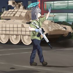 Rule 34 | 1girl, absurdres, animal ears, arm up, blue archive, blue pants, building, cat ears, cityscape, denim, gobyl, green shirt, gun, highres, holding, holding gun, holding weapon, jeans, military, military vehicle, motor vehicle, night, outdoors, pants, shiroko (blue archive), shirt, tank, walking, weapon, white hair