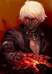 Rule 34 | 1boy, black choker, black jacket, burning, choker, closed mouth, dark skin, facing viewer, hungry clicker, jacket, k&#039; (kof), looking at viewer, male focus, mechanical arms, open clothes, open jacket, red-tinted eyewear, red background, short hair, snk, solo, sunglasses, the king of fighters, the king of fighters &#039;99, tinted eyewear, upper body, white hair