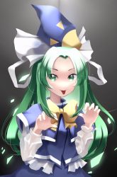 Rule 34 | 1girl, absurdres, blouse, blue capelet, blue hat, blue skirt, blue vest, bow, bowtie, breasts, capelet, claw pose, forehead, frilled shirt, frills, green eyes, green hair, hat, highres, long hair, long sleeves, mima (touhou), ribbon, rie inthanin, shirt, skirt, small breasts, sun print, tongue, tongue out, touhou, vest, white ribbon, white shirt, wizard hat, yellow bow, yellow bowtie