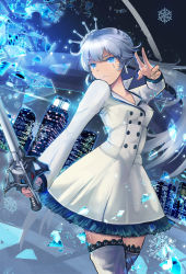 Rule 34 | 1girl, blue eyes, boots, city, dress, mai (xskdizzy), rwby, scar, scar across eye, scar on face, solo, sword, thigh boots, thighhighs, weapon, weiss schnee, white hair