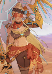 Rule 34 | 1girl, absurdres, blindfold, blonde hair, bow, breasts, claws, desert, earrings, eremite galehunter (genshin impact), feathers, genshin impact, headband, highres, holding, holding weapon, jewelry, large breasts, long hair, navel, red sash, sash, simple background, sphenodaile, weapon