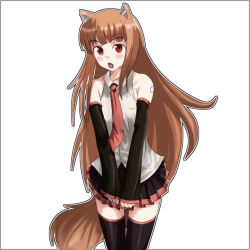 Rule 34 | 1girl, animal ears, bare shoulders, black thighhighs, blush, brown hair, cosplay, covering privates, covering crotch, detached sleeves, hatsune miku, hatsune miku (cosplay), holo, long hair, necktie, pleated skirt, red eyes, shirt, skirt, skirt tug, sleeveless, sleeveless shirt, solo, spice and wolf, tail, thighhighs, vocaloid, wolf ears, wolf tail, zettai ryouiki