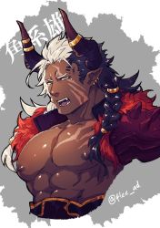 Rule 34 | 1boy, abs, bara, bare pectorals, black hair, braid, braided ponytail, cropped torso, dark skin, dark-skinned male, earrings, fang, fangs, feather boa, flee ad, horns, jacket, jewelry, large pectorals, male focus, mature male, medium hair, monster boy, multicolored hair, muscular, muscular male, nipples, open clothes, open jacket, original, pectorals, pointy ears, sideburns, solo, stomach, two-tone hair, upper body, white hair