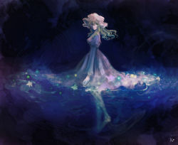 Rule 34 | 1girl, blonde hair, dark background, dress, floating, floating clothes, from side, full body, hat, katari, long hair, looking back, looking to the side, maribel hearn, mob cap, purple dress, ripples, signature, sketch, solo, standing, star (symbol), touhou