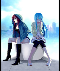 Rule 34 | 10s, 2girls, aged up, alternate hair length, alternate hairstyle, blue hair, boots, breasts, closed eyes, fashion, food, hands in pockets, high heels, highres, hood, hoodie, large breasts, leggings, long hair, mahou shoujo madoka magica, mahou shoujo madoka magica (anime), miki sayaka, mouth hold, multiple girls, open shoes, pillarboxed, pocky, red eyes, red hair, sakura kyoko, shoes, sitting, toes, tsukumo (soar99)