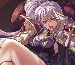 Rule 34 | 1girl, absurdres, blood, cape, commission, commissioner upload, fangs, fire emblem, fire emblem: genealogy of the holy war, glass, highres, ishtar (fire emblem), jewelry, long hair, necklace, nintendo, non-web source, red eyes, shouma (bravespiritya), sitting, skeb commission, slit pupils, thick thighs, thighs
