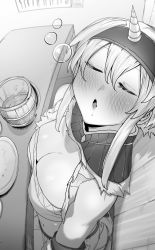 Rule 34 | 1girl, absurdres, bandeau, bare shoulders, beer mug, blush, breasts, closed eyes, cup, downblouse, drooling, drunk, from above, greyscale, hair between eyes, hairband, highres, horns, indoors, kirin (armor), large breasts, monochrome, monster hunter (series), mug, navel, niwarhythm, open mouth, plate, saliva, short hair with long locks, sidelocks, single horn, sitting, sleeping, solo, squeans, tongue, wooden cup, wooden wall
