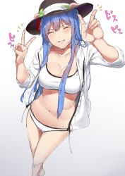 Rule 34 | 1girl, absurdres, bikini, bikini under clothes, blue hair, blush, breasts, cleavage, double v, closed eyes, flower, food, fruit, groin, hair flower, hair ornament, hat, highres, hinanawi tenshi, long hair, medium breasts, navel, neropaso, open clothes, peach, sidelocks, sketch, solo, swimsuit, swimsuit under clothes, touhou, v, white background, white bikini
