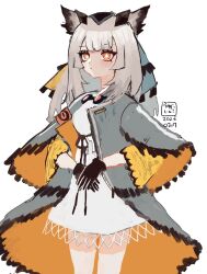 Rule 34 | 1girl, animal ears, arknights, black gloves, cloak, closed mouth, dress, gloves, goggles, goggles around neck, grey cloak, grey hair, highres, long hair, orange gloves, owl ears, owl girl, ptilopsis (arknights), signature, simple background, solo, thighhighs, uyuni-piyo, white background, white dress, white thighhighs, wide sleeves