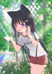 Rule 34 | 1girl, absurdres, animal, animal ears, bird, black hair, blush, bug, butterfly, cat ears, chain-link fence, commentary request, day, fence, fufumi, gym shirt, gym shorts, gym uniform, hair ornament, hairclip, hands up, highres, insect, long hair, original, outdoors, parted lips, puffy short sleeves, puffy sleeves, purple eyes, red shorts, shirt, short shorts, short sleeves, shorts, solo, tongue, tongue out, very long hair, water, white shirt