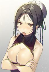Rule 34 | 1girl, black hair, blush, breasts, brown eyes, china dress, chinese clothes, chromatic aberration, cleavage, cleavage cutout, clothing cutout, crossed arms, dress, gradient background, hair bun, large breasts, natasha (pommier), open mouth, original, short hair, simple background, single hair bun, solo, sweatdrop
