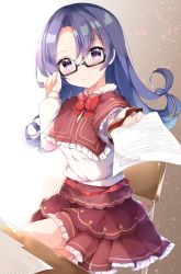 Rule 34 | 1girl, black-framed eyewear, blue hair, blush, bow, breasts, brown capelet, capelet, chair, closed mouth, commentary request, copyright request, desk, frilled skirt, frills, fuuna, glasses, hair between eyes, head tilt, highres, holding, long hair, long sleeves, looking at viewer, medium breasts, on chair, parted bangs, pleated skirt, purple eyes, red bow, red skirt, school chair, school desk, school uniform, semi-rimless eyewear, shirt, sitting, skirt, smile, solo, under-rim eyewear, white shirt