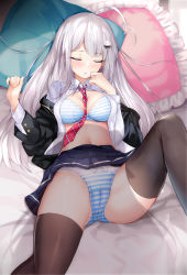 Rule 34 | 1girl, absurdres, antenna hair, bed, bed sheet, black jacket, black thighhighs, blue skirt, bow, bow panties, bra, breasts, cameltoe, cleft of venus, closed eyes, clothes lift, collar, collared shirt, hair ornament, highres, jacket, knee up, long hair, long sleeves, medium breasts, navel, necktie, niliu chahui, on bed, open clothes, open shirt, original, over-kneehighs, panties, pillow, pink necktie, pleated skirt, school uniform, shadow, shirt, skirt, skirt lift, sleep molestation, sleeping, solo, spread legs, striped bra, striped clothes, striped necktie, striped neckwear, striped panties, thighhighs, thighs, tokisaki mio (niliu chahui), underwear, white bow, white collar, white hair, white shirt