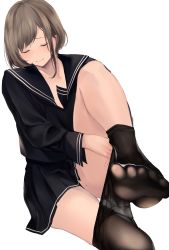 Rule 34 | 1girl, absurdres, akito (d30n26), black pantyhose, black serafuku, blush, brown hair, clothes pull, commentary request, closed eyes, feet, highres, leg up, light blush, long sleeves, mole, mole on thigh, mole under mouth, no shoes, original, pantyhose, pantyhose pull, pleated skirt, school uniform, serafuku, short hair, simple background, skirt, solo, white background