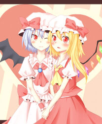 Rule 34 | 2girls, ascot, bat wings, blonde hair, blush, bow, breasts, closed mouth, collared shirt, flandre scarlet, frilled shirt, frilled shirt collar, frilled sleeves, frills, hair between eyes, hat, hat bow, heart, heart background, highres, holding hands, long hair, looking at viewer, medium hair, mob cap, multicolored wings, multiple girls, one eye closed, one side up, open mouth, pink hat, pink shirt, pink skirt, puffy short sleeves, puffy sleeves, purple hair, red ascot, red bow, red eyes, red skirt, red vest, remilia scarlet, ryousangata, shirt, short sleeves, siblings, sisters, skirt, skirt set, small breasts, touhou, vest, white hat, white shirt, wings, wrist cuffs, yellow ascot