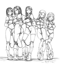 Rule 34 | 5girls, absurdres, ass, bdsm, between buttocks, bondage, boots, bound, bound together, breasts, butt crack, chen zi, collar, crotch rope, full body, greyscale, high heels, highres, monochrome, multiple girls, nipples, object insertion, original, restrained, shibari, slave, vaginal, vaginal object insertion